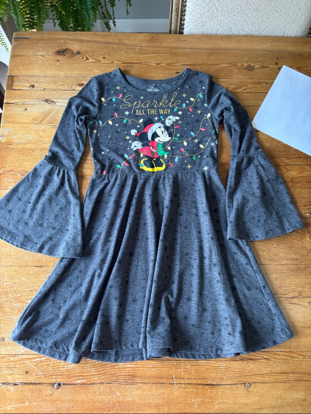 Disney Gray Minnie Mouse Sparkle Holiday Bell Sleeve Dress
